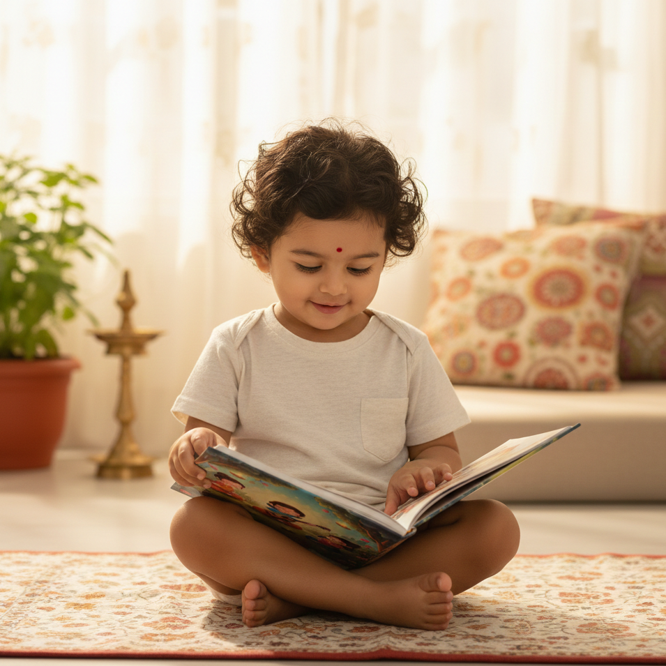 Child sitting on a rug reading a book in a cozy living room.

