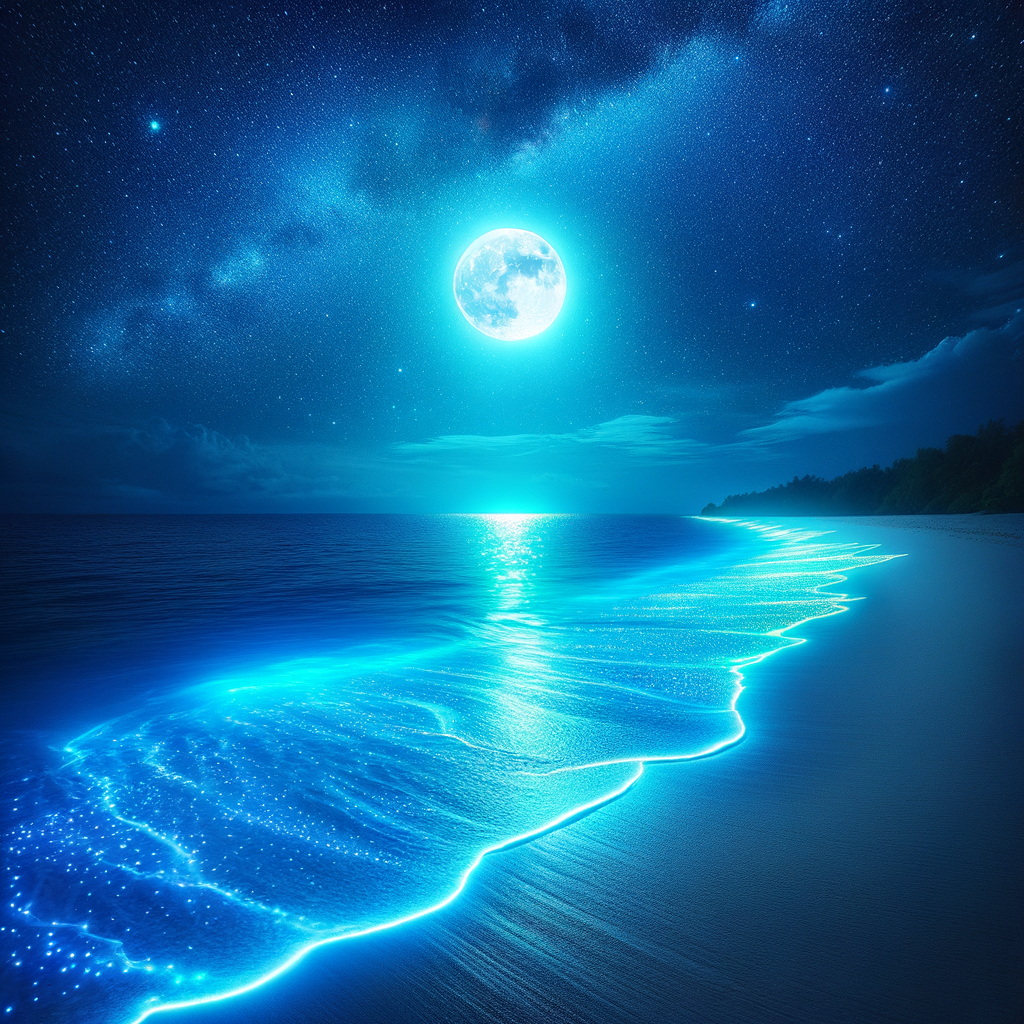 Bioluminescent Ocean Waves under a Starry Sky